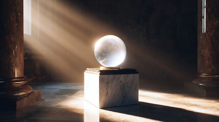 Luminous Orb on Marble Pedestal in a Temple Setting with Sunlight Rays