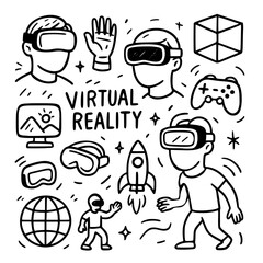 Monochrome doodle style vector featuring VR headsets, immersive screens, gloves, controller, astronaut, globe, and rocket centered around bold  Virtual Reality text. Perfect for tech editorials