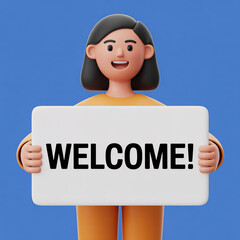 3D cartoon woman holding a yellow welcome sign with bold blue letters on a solid blue background, smiling warmly.