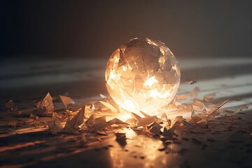 Luminous Sphere Surrounded by Shattered Fragments, Warm Glow, Dark and Mysterious Background