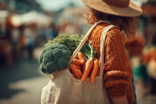 Julia, a woman of Caucasian descent, is holding a bag filled with various fresh vegetables. She is standing in a grocery store, promoting sustainable family shopping with a reusable bag. - Powered by Adobe