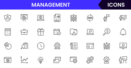 Vector illustration web line icon collection for management: leadership, planning, teamwork, and strategy symbols in a professional, modern, and organized design style.