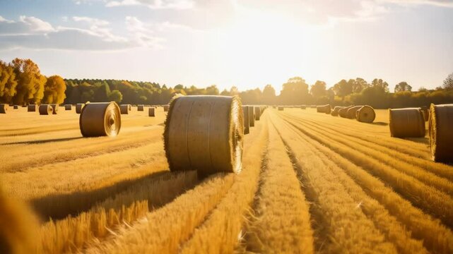 Golden hay bales dot a freshly harvested field at sunset, stretching toward a distant line of trees under a sunny sky, suggesting autumn's arrival.