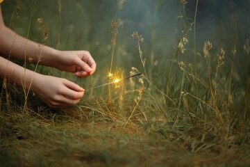 Sparkler Glowing in Dusk Light Held Above Grassy Field at Twilight, Capturing a Moment of Celebration and Joy