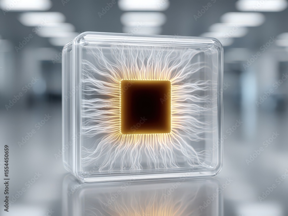 Poster stunning visual representation of a futuristic microchip glowing with energy inside a transparent ca
