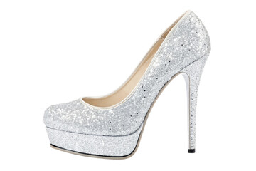Sparkling silver glitter platform high heel shoe isolated on transparent background