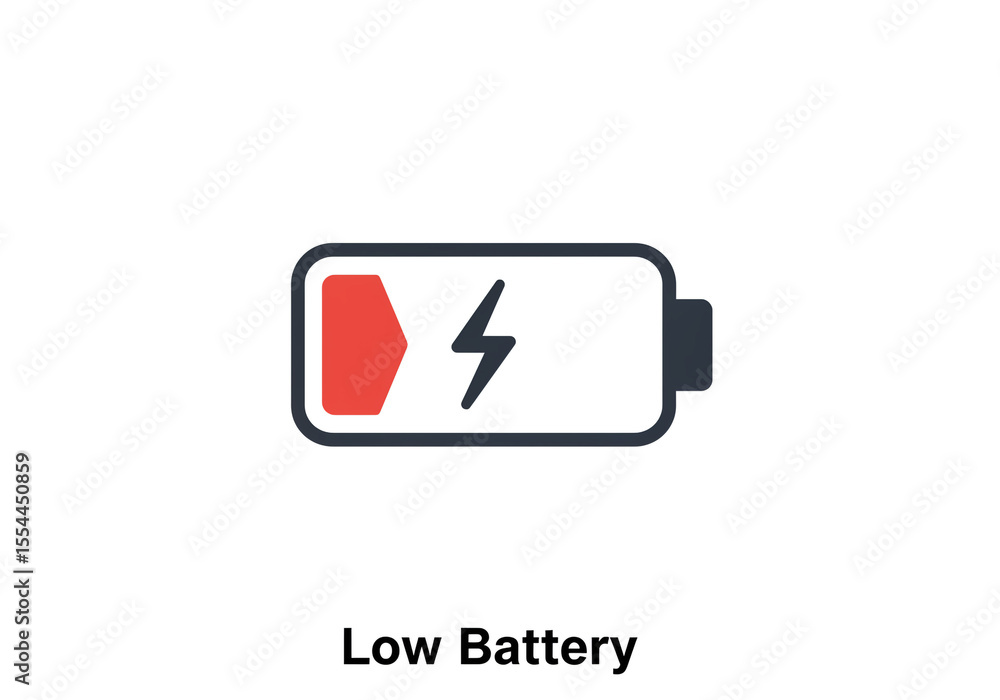 Poster illustration of a low battery icon with a red indicator and a lightning bolt symbol inside it