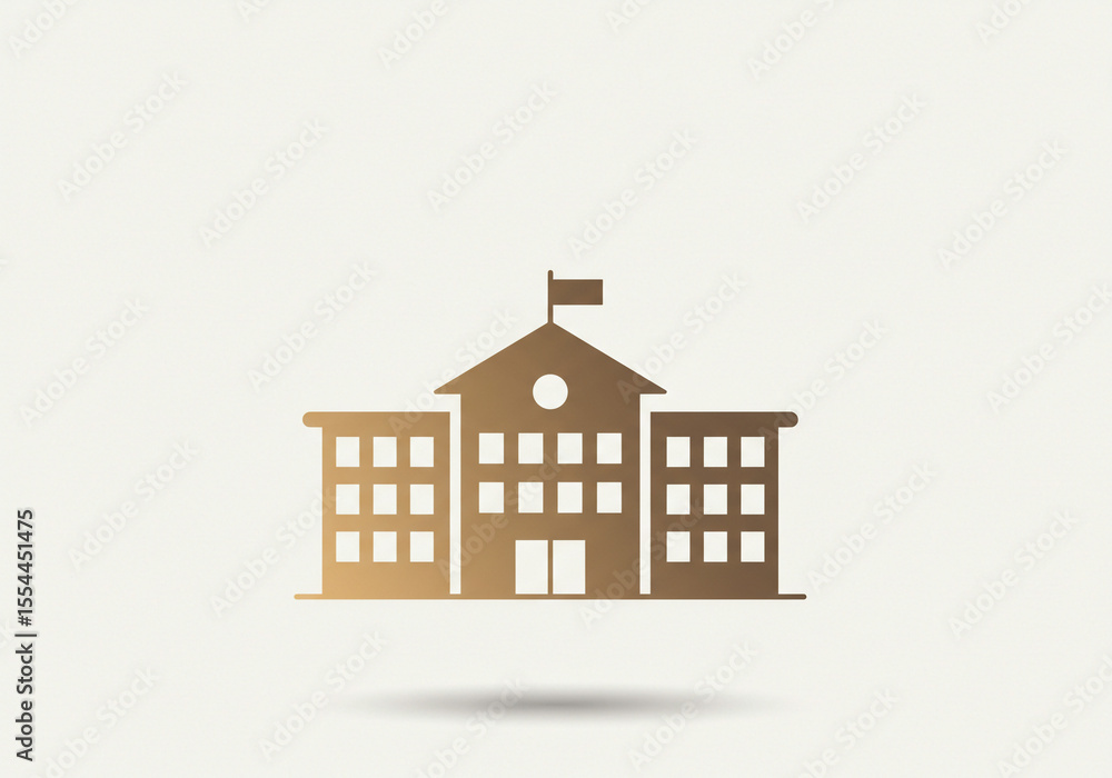 Poster a simple icon of a building with a flag on top and windows on a light background in gold color