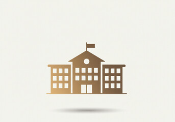 A simple icon of a building with a flag on top and windows on a light background in gold color