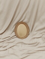 Golden seashell decor on beige linen with wavy folds and soft light – 9/16 phone wallpaper background - photography for social media faceless digital content marketing