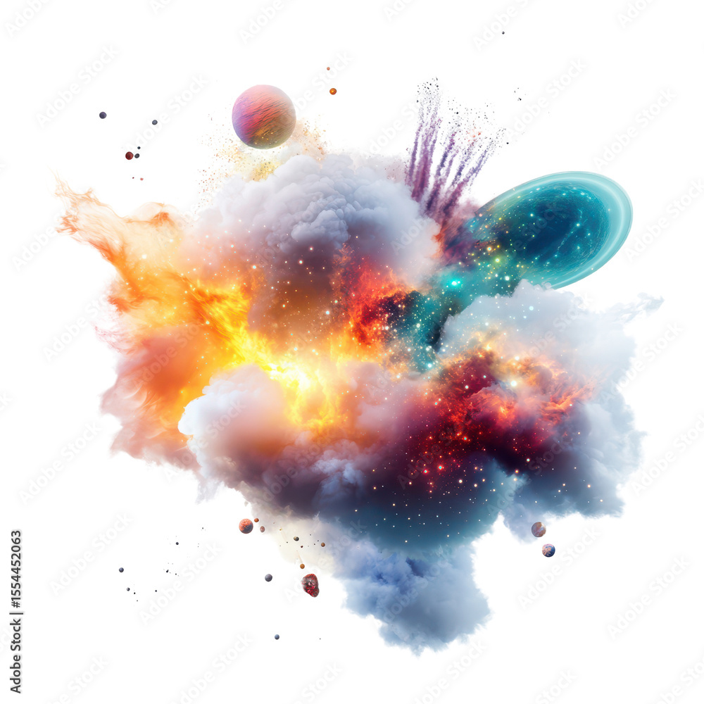 Poster vibrant cosmic cloud with colorful planets and celestial elements in deep space background