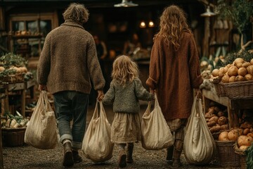 A woman and two children are seen walking through a bustling market, carrying a reusable bag filled with sustainable products. The family appears to be enjoying their shopping trip together.