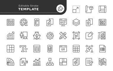 Template line icon set. Layout, web and mobile template, grid, table, wireframe, brochure, flyer, design, mockup, editable, flowchart. Outline vector icon in linear style. Pictogram collection	