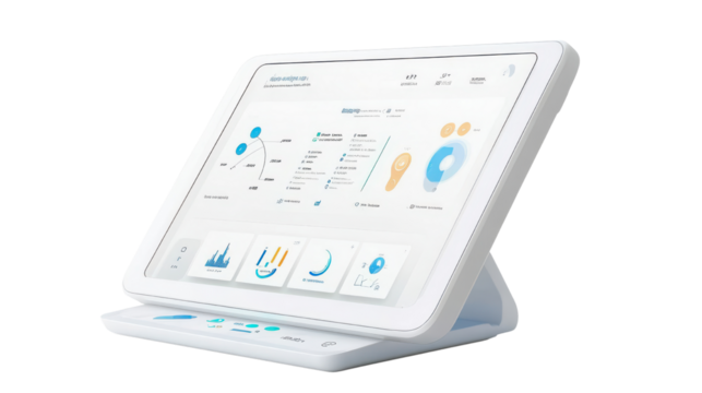 Modern Digital Touchscreen Tablet Displaying Data Analytics and User Interface on a White Background