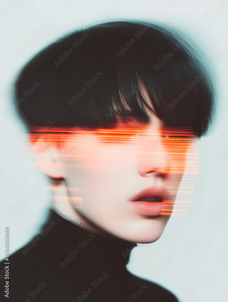 Poster abstract portrait of a man with red glitch effect over his eyes. digital stream and error in artific