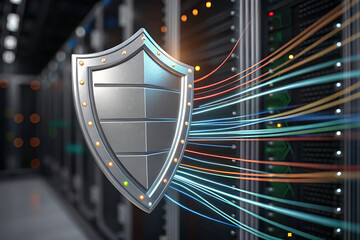 3D Shield Icon with Flowing Data Stream