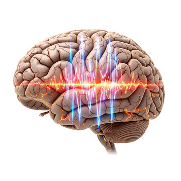 Human brain with overactive electrical signals representing epileptic seizure, realistic neuron pattern on white background, neurological activity concept JPG