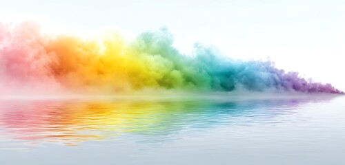 Rainbow cast over water vapor and clean white background.