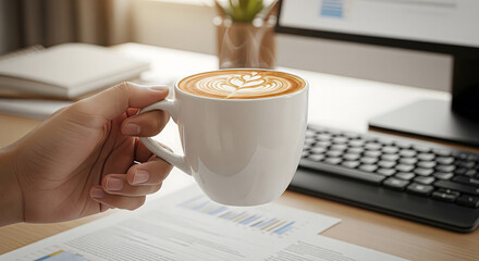 Hand holding a coffee cup with blurred desk, documents, and keyboard in background, symbolizing work break, office routine, and productivity JPG