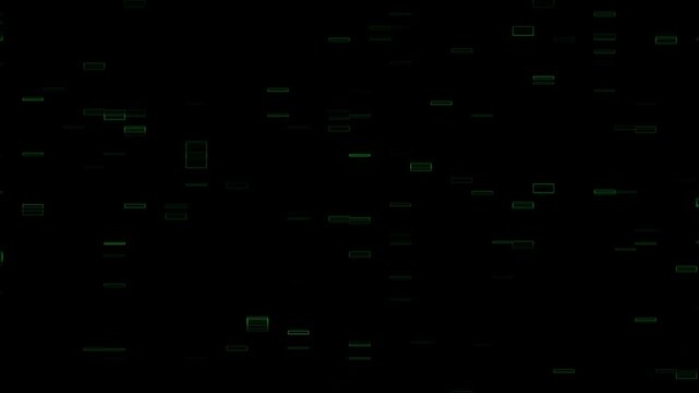 Green blocks zoom in animation in dark background. Slow animation of computer data analysis. 