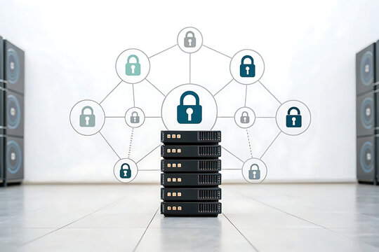 Data security network system with encrypted servers and digital padlock protection concept for secure information technology infrastructure and cyber safety
