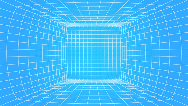 3d wireframe perspective grid room template design vector illustration background. Empty 3 dimension virtual room with perspective wireframe grid geometric sketch. Cyber virtual line interior frame.
