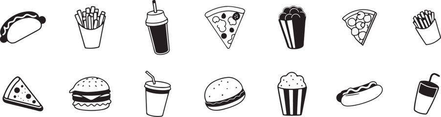 Junk Food Icons Set. Cafe and Restaurant Meal Element Collection.
