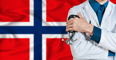 Doctor with stethoscope on Norway flag. Doctor holding stethoscope on Norway flag