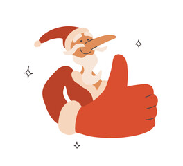 Happy Santa Claus showing thumb up finger gesture. Cool, good vibe, well done concept. Merry Christmas sticker, label, logo or icon. New year smiling character. Santa hand isolated vector illustration