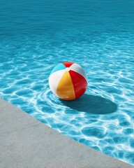 Beach ball floats in clear blue water, beside a stone pool edge