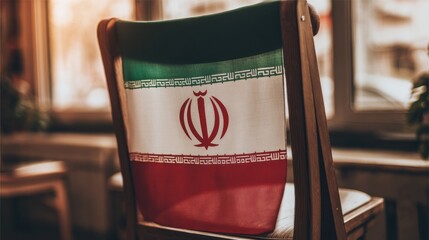 The flag of Iran, Classic wooden chair indoors draped with a tricolor flag featuring green, white, and red stripes, natural light from a window, warm cozy atmosphere.