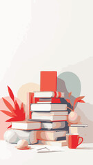 stack of books with a cup of coffee