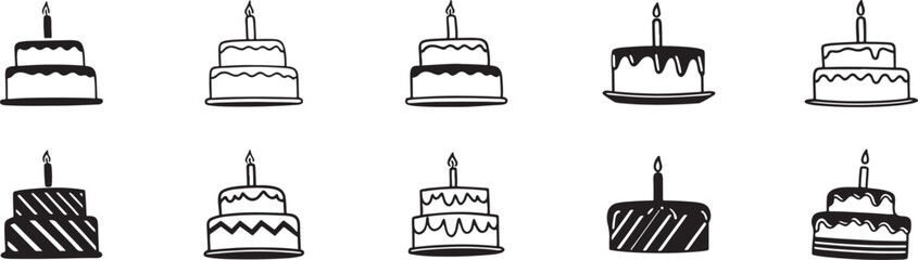 Birthday Cake Icons: Assorted Vector Set with Candles. Sweet Dessert Vector.