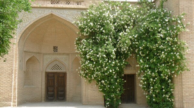 Iran, Ornate arched doorway with intricate tile-work, dark wooden double-doors, lush green vine with white flowers cascading down beige-brick building facade.