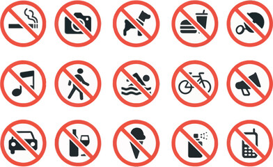  modern, flat-style prohibition icons in red circles