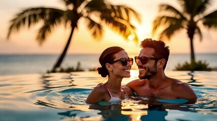 Happy couple of woman and man relaxing in water, on honeymoon, luxury hotel infinity pool at sunset. Palms and sea, ocean at background
