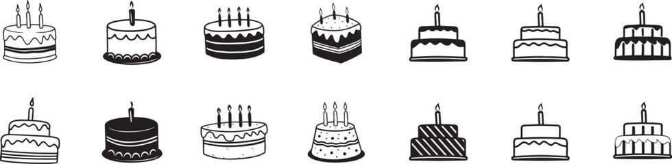 Birthday Cake Icons: Assorted Vector Set with Candles. Sweet Dessert Vector.