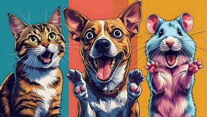 Fototapeta premium Joyful Furry Friends: A charming and vibrant image of a cat, dog, and mouse exuding pure joy and delight. The close-up captures their expressions of pure happiness.