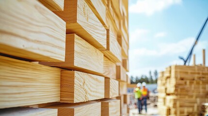 Close-up of stacked wooden planks at a construction site. Two workers in safety gear are visible in the background. Bright blue sky and clouds are present.