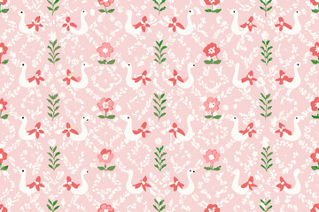 Fototapeta premium Cute floral seamless pattern with bows, flowers and goose. Preppy spring summer print. Cottagecore aesthetic. Cozy modern background. Vintage damask design for fabric, wallpaper or wrapping paper.