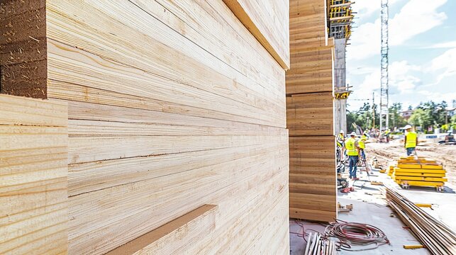 Construction site with stacked wooden planks. Two workers in yellow vests are visible in the background. Clear blue sky and construction equipment are present.