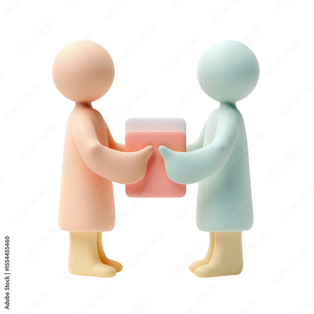Poster two minimalist figures exchanging a square object in soft pastel colors, symbolizing communication a