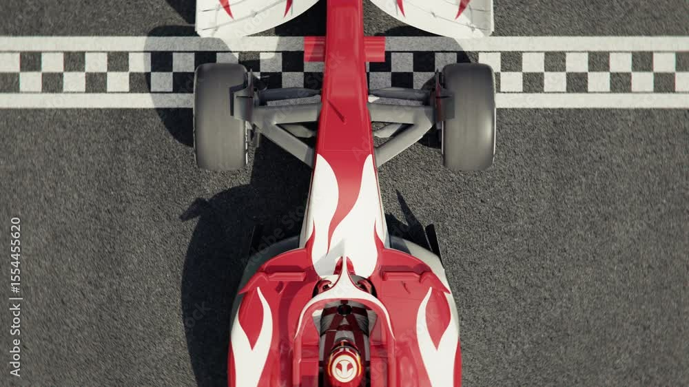 Fototapete top view of a generic formula one race car driving across the finish line in slow motion. 3d animati