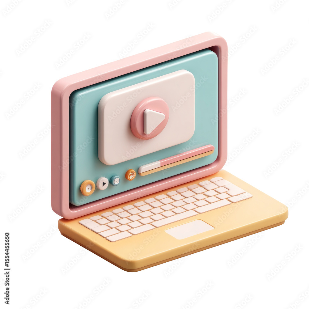 Poster 3d rendered desktop computer with play button for digital media and content creation