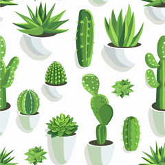 Seamless vector pattern of various green cacti and succulents in white pots on a white background