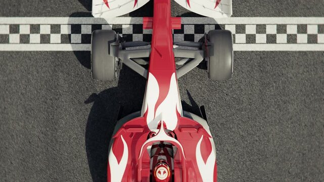 Top view of a generic formula one race car driving across the finish line in slow motion. 3d animation rendering