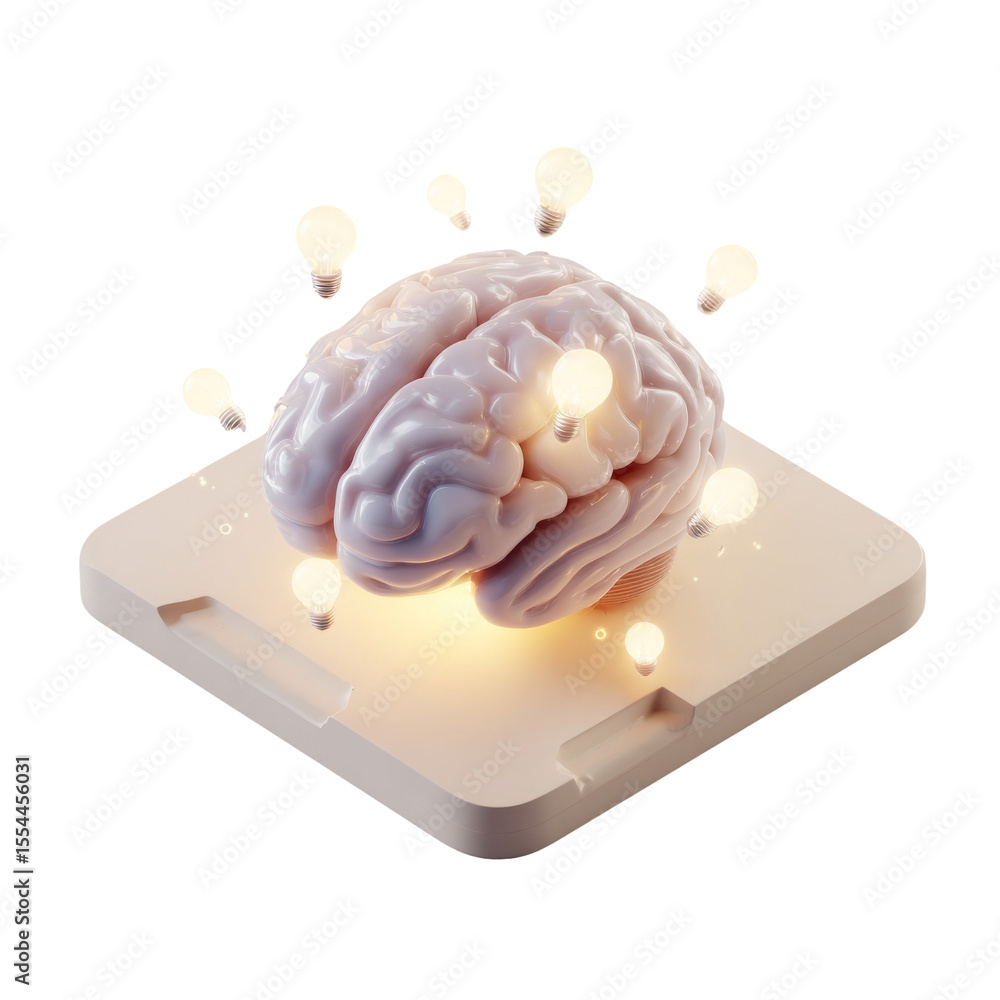 Poster 3d visualization of brain concept with light bulbs representing ideas and creativity in modern desig