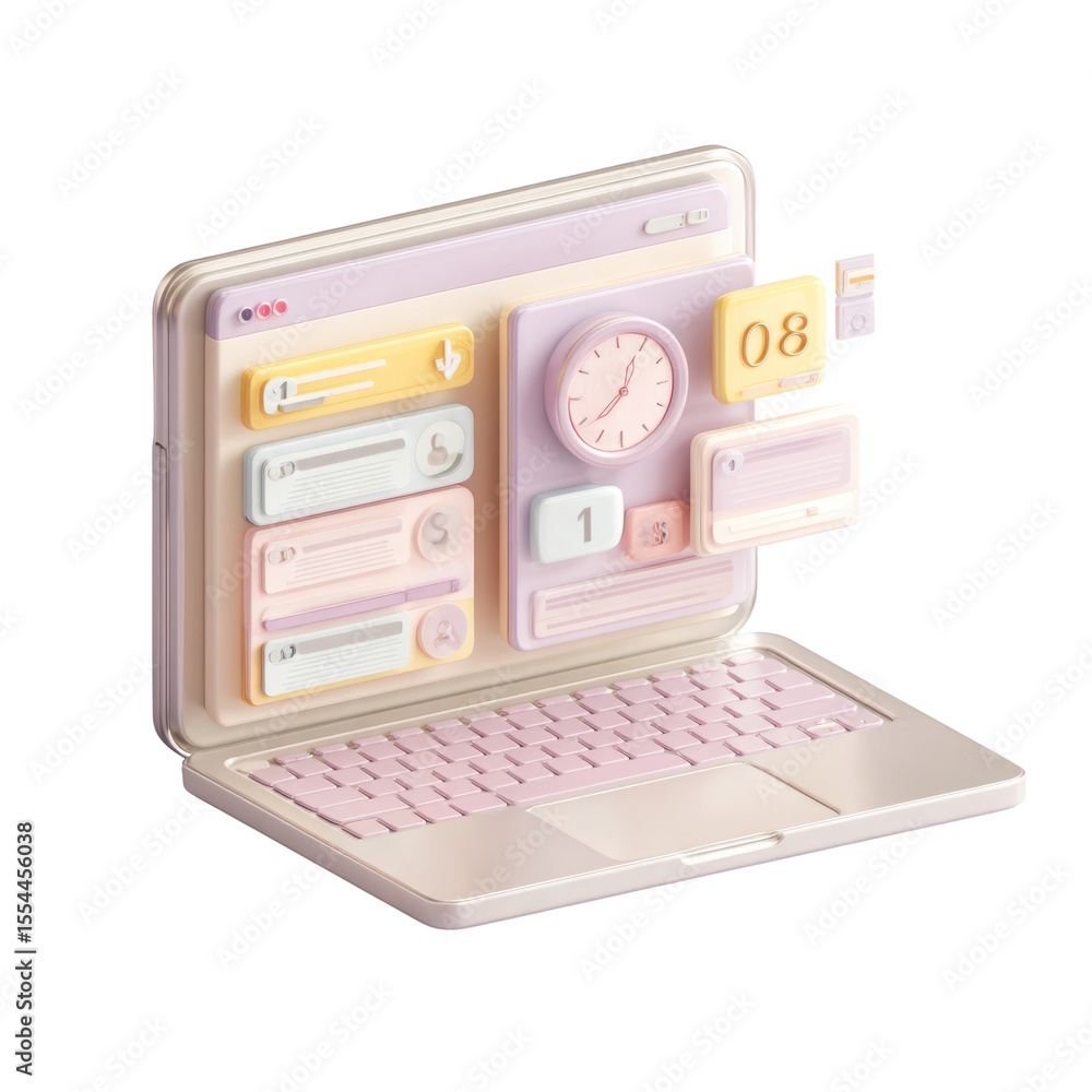 Poster modern digital workspace with pastel colors featuring abstract interface elements and clock display