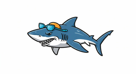 Fototapeta premium Blue cartoon shark wears sunglasses and a hat with jagged teeth on a white background