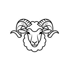 Minimalist Sheep Head Logo, Front View With Curved Horns and Fluffy Wool, Black Outline